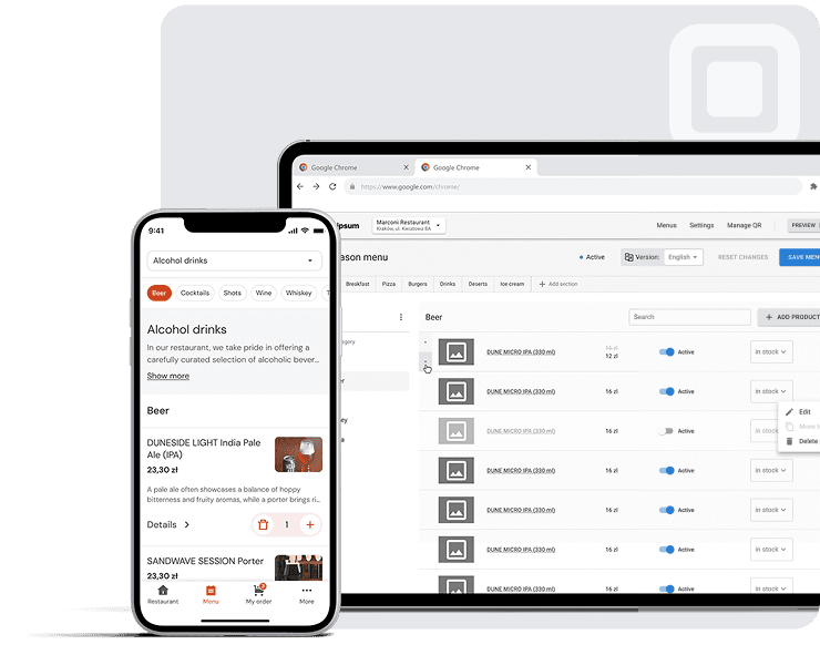 Platoo admin panel for managing QR menus and an example of a restaurant menu opened by a guest on a smartphone
