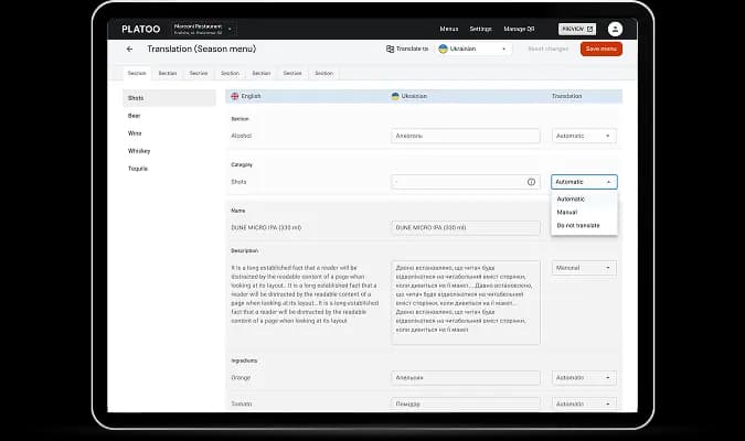 Automatic menu translation into multiple languages in the Platoo admin panel