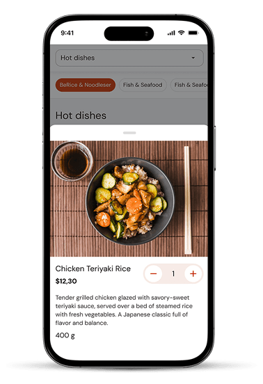 Smartphone screen showing a digital restaurant menu with detailed dish information