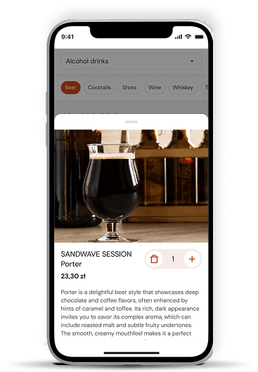 Smartphone screen showing a digital restaurant menu with detailed dish information